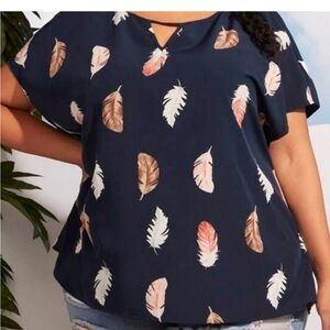 Navy Feather Print 2X Women's Top